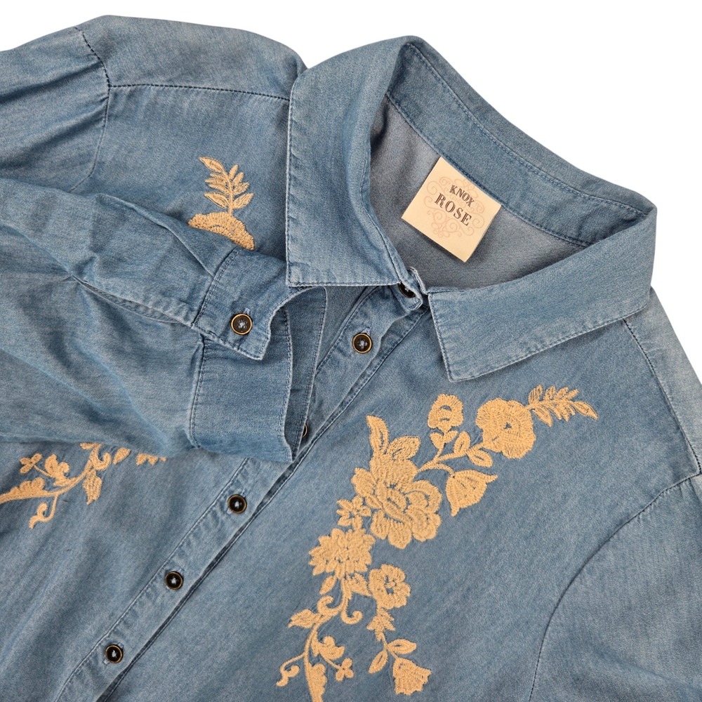 Knox Rose MEDIUM Embroidered Floral Peplum Chambray Shirt Womens Boho Button Top